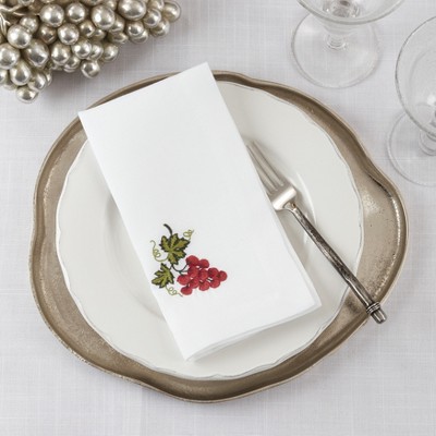 White Cotton Table Napkins with Embroidered Grapes Design, Set of 4
