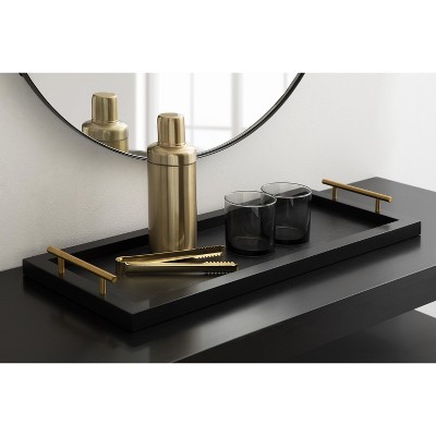 Elegant Black and Gold Rectangular Wooden Tray with Polished Handles, 24x10
