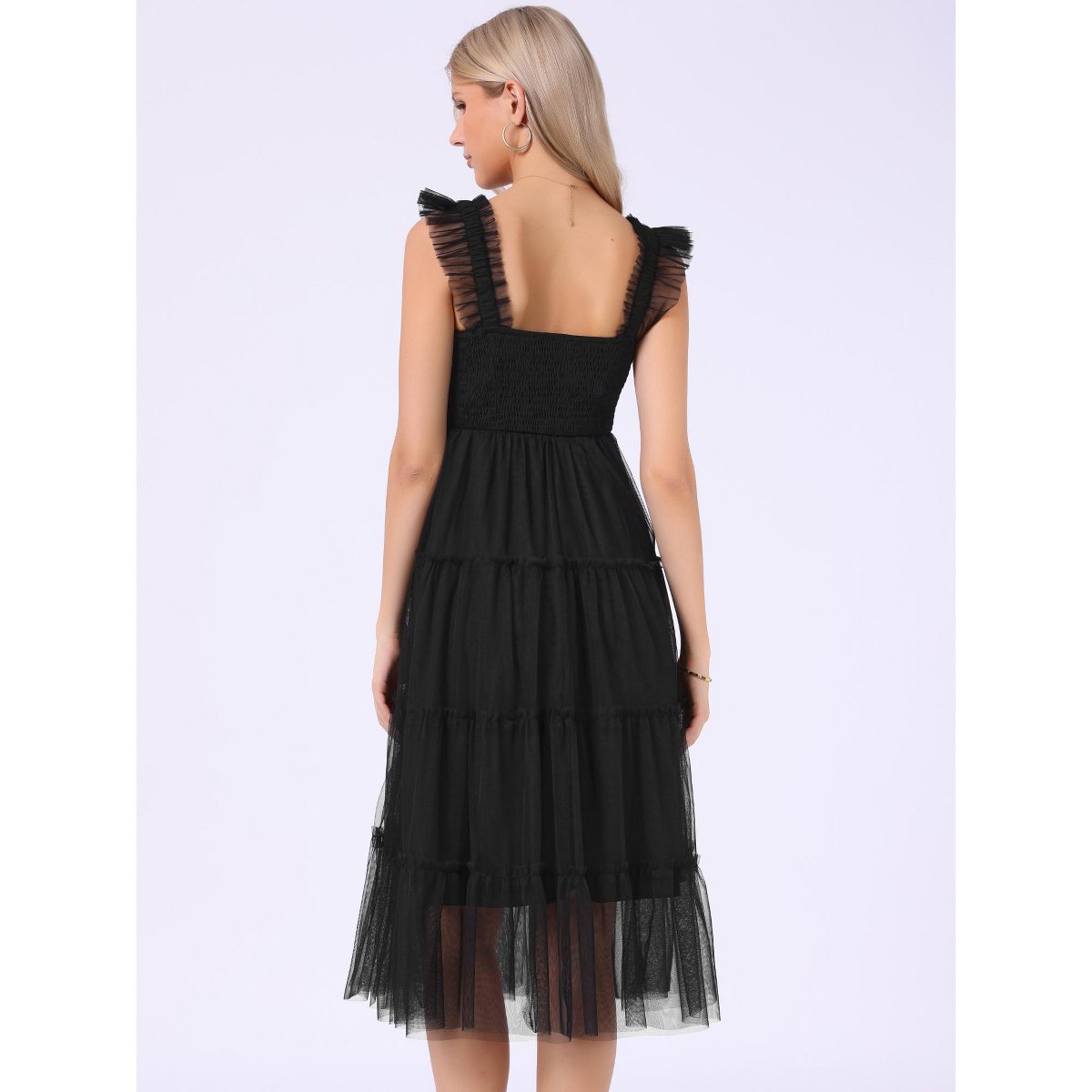 Женские платья INSPIRE CHIC Women's Summer Midi Sleeveless Smocked Square Neck Tiered Ruffled Wedding Guest Dress Medium Black — фото 4