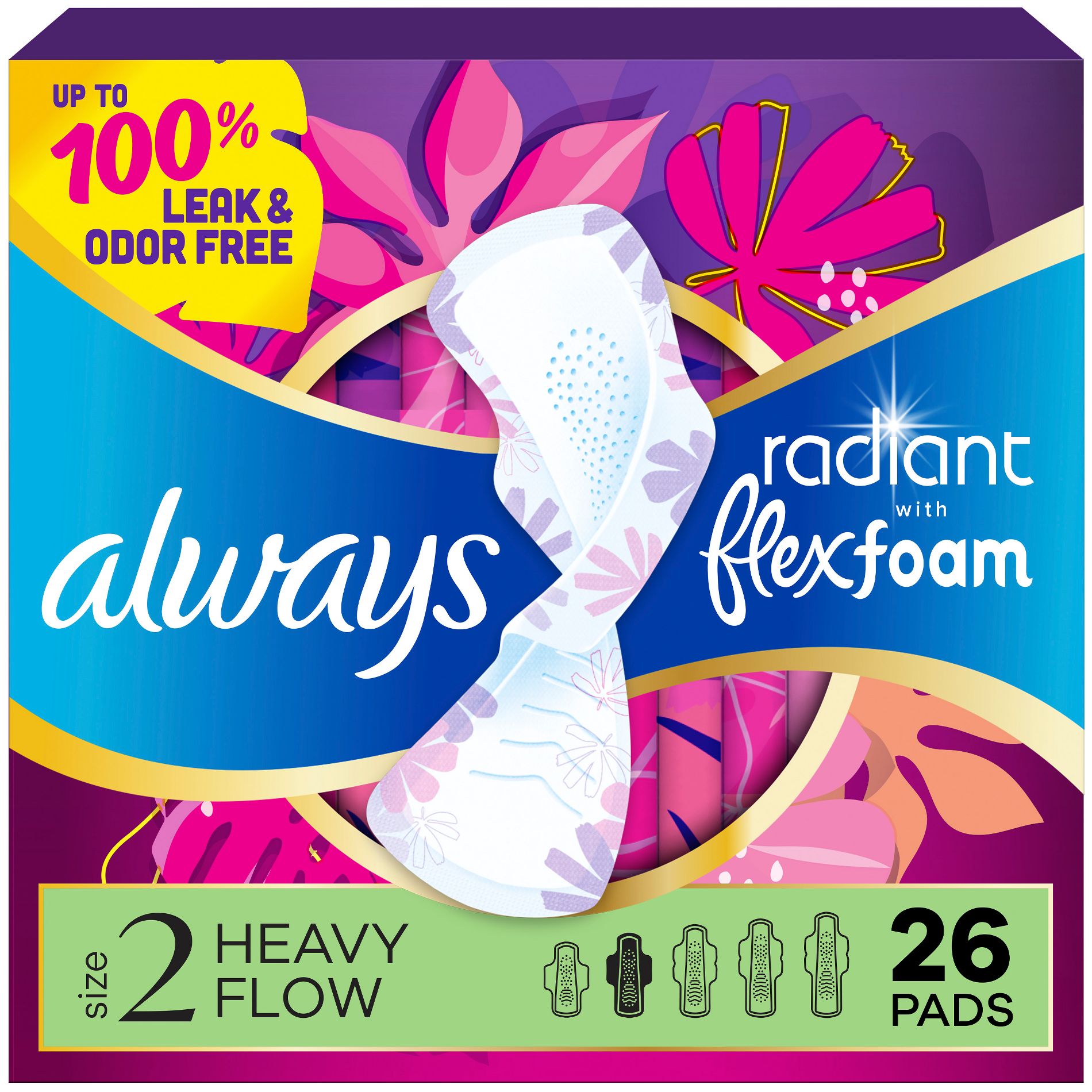 Always Radiant FlexFoam Heavy Flow Absorbency Pads with Wings - Scented - Size 2