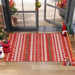 Area Rugs Christmas Rug Deer Xmas Tree Printed Christmas Decor Washable Thin Non Slip Small Indoor Festive Accent Rug - 1 of 4