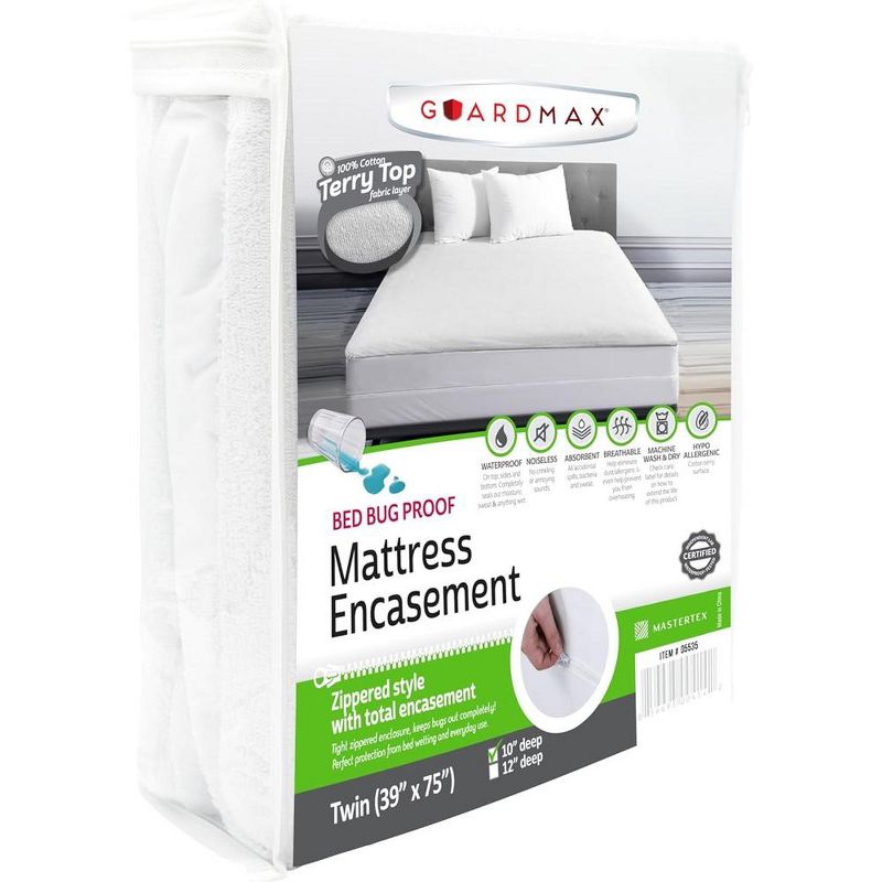 Mattress Protector with Zipper by Guardmax. Terry Cotton Waterproof, Bed Bug Proof, Soft & Comfortable Mattress Encasement with Deep Pockets., 1 of 14