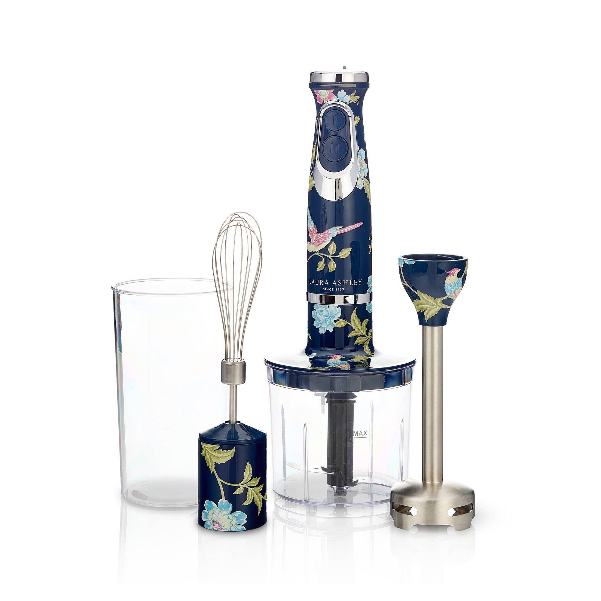 Laura Ashley 4-in-1 Hand Blende Navy: 500W, 2 Speeds, 23.6 Volume Capacity, Plastic, Wash With Soap & Water