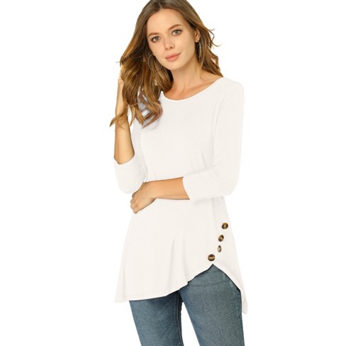 Allegra K Women's 3/4 Sleeve Round Neck Button Decor Casual