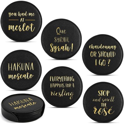 Juvale Set of 6 Black Leather Round Drink Coasters with Wine Puns