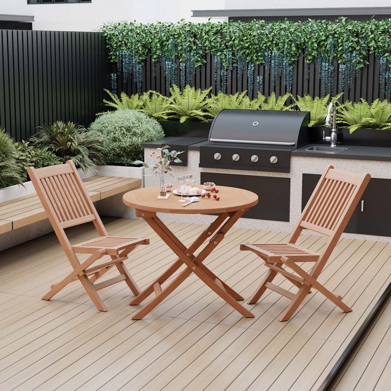 Costway 3pcs Patio Outdoor  Indonesia Teak Wood Bistro Dining Set Folding Chair & Table Slatted, 3 of 11