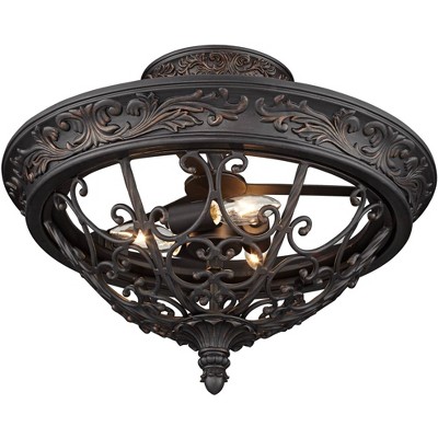 Elegant Scroll Rubbed Bronze Semi-Flushmount Ceiling Bowl Light, 20" Wide