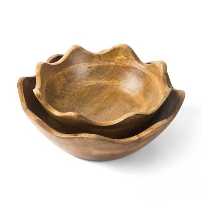 Mela Artisans Wooden Scalloped Bowl - Set of 2, Large & Medium |Mango Wood Natural Grain Finish | 12x4x12” and 10x4x10” | Fits Bread, Fruits, Salad or