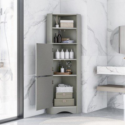 Tall Bathroom Corner Cabinet, Freestanding Storage Cabinet with Doors and Adjustable Shelves, MDF Board,