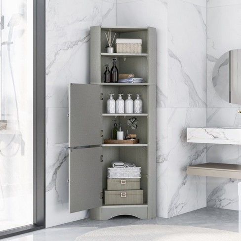 Tall Bathroom Corner Cabinet, Freestanding Storage Cabinet with Doors and Adjustable Shelves, MDF Board, - image 1 of 4