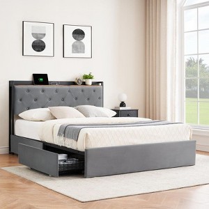 Coolmee Full/Queen Platform Bed Frame with 4 Storage Drawers and Charging Station, Velvet Upholstered Headboard with Shelf, Sturdy Metal Frame - 1 of 4