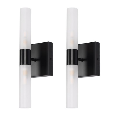 YANSUN 4 in. 2-Pack 4 in. 2-Light Matte Black Cylinder Bathroom Vanity Light Wall Sconces with Frosted Glass Shades