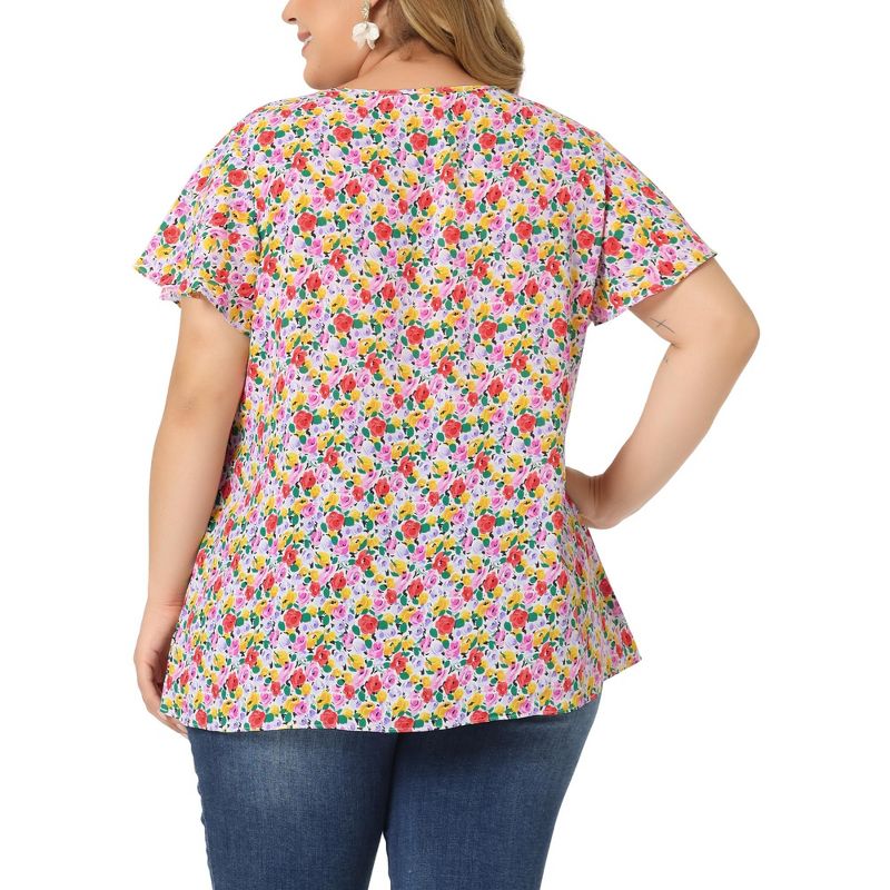 Agnes Orinda Women's Plus Size Keyhole Floral Chiffon Short Flared Sleeve Summer Trendy Peasant Tops, 5 of 8