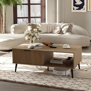 Homhougo Coffee Table, 2-Tiers Farmhouse Coffee Tables With Storage and Sliding Wave Pattern Door, Modren Tea Table, Wooden Dining Center Tables - 1 of 4