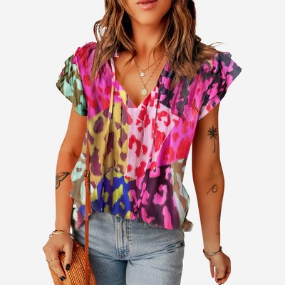 Amaryllis Women’s Multicolor Floral Ruffle Sleeve Blouse Split Neck Pleated Texture Lightweight Relaxed