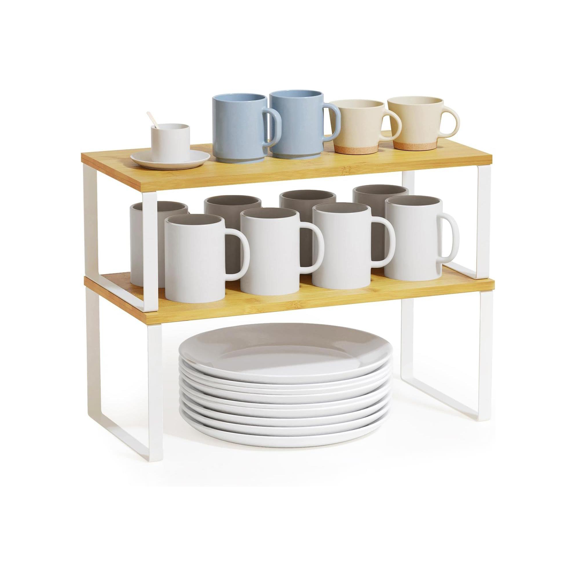 2-Pack Kitchen Cabinet Shelf Racks, Expandable Spice Rack for Pantry & Cupboard Storage, White & Natural (Long)-SpaceAid