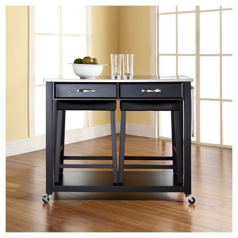 Stainless Steel Top Kitchen Cart/Island - Black with 24&#34; Black Upholstered Saddle Stools - Crosley, 6 of 9