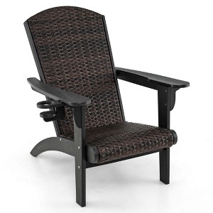 Costway Patio Adirondack Chair with Rattan Padded Seat Wide Armrests & Hidden Cupholder Black/Brown/Gray - 1 of 4