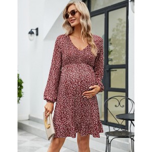 Maternity Women Long Sleeve Smocked V Neck Dress Fall Casual Boho Mini Dress for Baby Shower Photoshoot - 1 of 4