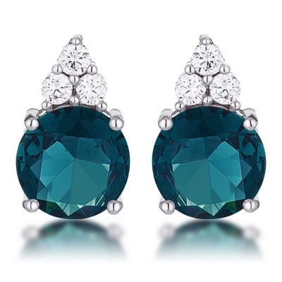 ShineHigh Simple Rhodium Plated 9mm Blue Green CZ Stud Earrings – Classic Peacock Sparkle with Trio CZ Accent