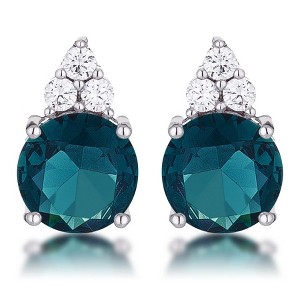 ShineHigh Simple Rhodium Plated 9mm Blue Green CZ Stud Earrings – Classic Peacock Sparkle with Trio CZ Accent - 1 of 1