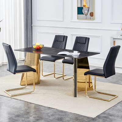 NicBex Dining Table Set for 4 Kitchen Table Modern Sintered Stone Table with Stainless Steel Butterfly Legs 4 PU Chairs, Black