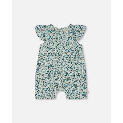Deux par Deux Girl Printed Organic Cotton Romper with Frills Small Turquoise Flowers