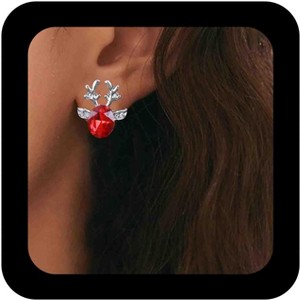 Ruby Red Deer Stud Earrings with Crystal Antlers for Women and Girls. - 1 of 4