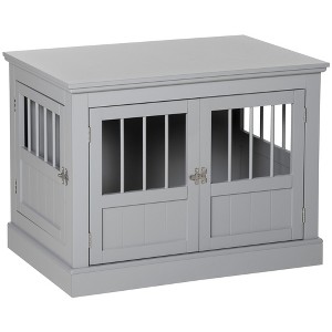 Gulches Dog Crate End Table with Triple Doors, Wooden Dog Crate Furniture Indoor Use, Puppy Crate with and Steel Tubes, for Small Dogs, Pewter Gray - 1 of 4