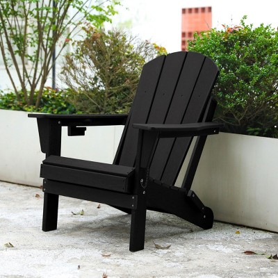 Folding Patio Accent Chair With Stackable Arm Rest,Ergonomic HDPE All-Weather Adirondack Chair,Patio Chair With Dual Cup Holder -The Pop Home