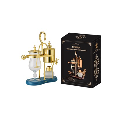 Nispira Belgium Royal Family Balance Syphon Unique Gravity Vintage Coffee Maker Vacuum Brewing System Gold with Peacock Blue Base 500 ml