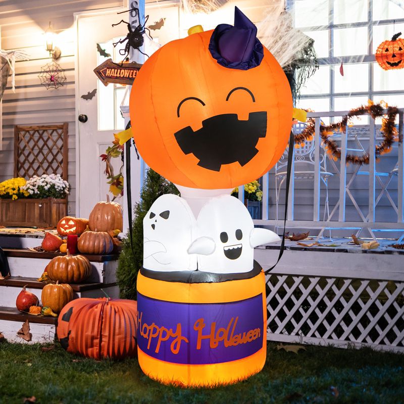 Tangkula 6FT Halloween Inflatable Decoration Inflatable Pumpkin Hot Air Balloon with Ghosts Bright LED Lights Waterproof Air Blower 2 Sandbags, 4 of 11