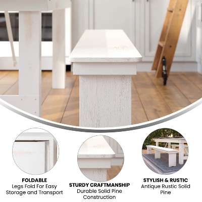 Antique Rustic White Solid Pine 8' Folding Farm Bench