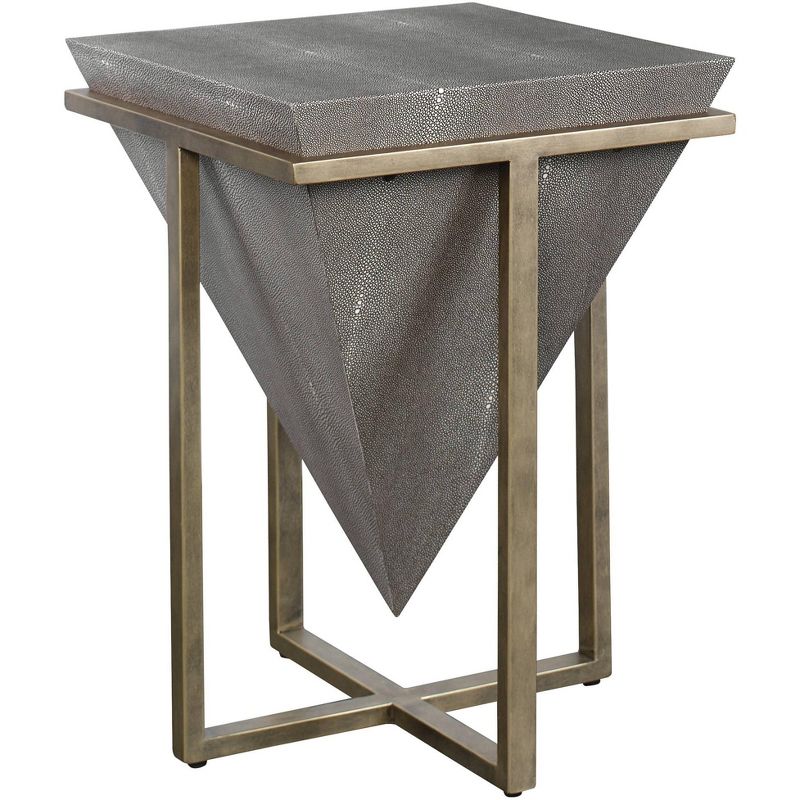 Uttermost Modern Aged Gold Square Accent Table 18 1/4" Wide Gray Faux Shagreen Leather Pyramid Tabletop for Living Room Bedroom, 1 of 2