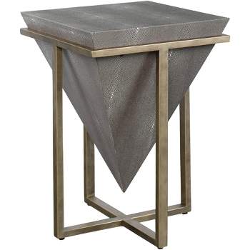 Uttermost Modern Aged Gold Square Accent Table 18 1/4" Wide Gray Faux Shagreen Leather Pyramid Tabletop for Living Room Bedroom