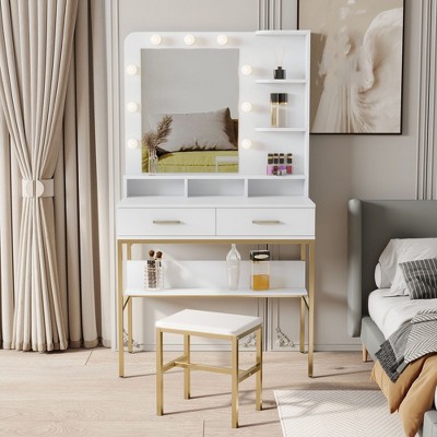 Makeup Vanity Desk With Mirror And 9 LED Lights, Adjustable Brightness, Makeup Vanity Table Set With Stool Drawers & Open Shelves for Bedroom White