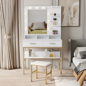 Makeup Vanity Desk With Mirror And 9 LED Lights, Adjustable Brightness, Makeup Vanity Table Set With Stool Drawers & Open Shelves for Bedroom White - 1 of 4