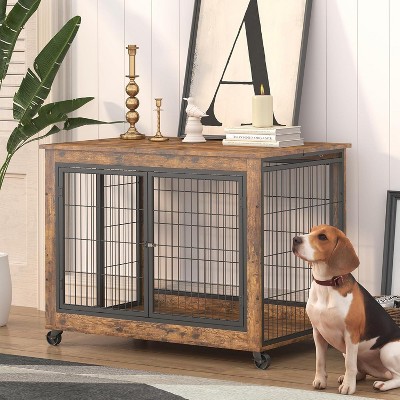 Acekool Rustic Dog Crate - Furniture Style Kennel with Wheels & Doors