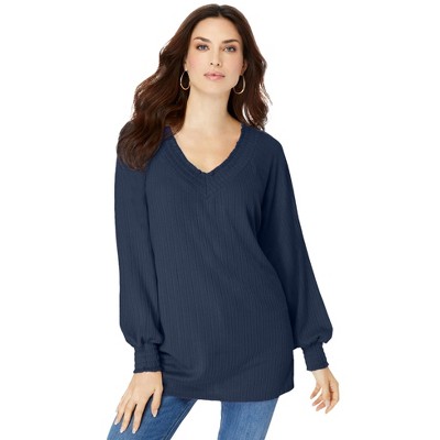 Roaman's Women's Plus Size Smocked Pointelle Top