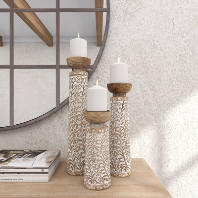 Rustic Elegance Mango Wood Carved Candle Holders, Brown Floral Set of 3