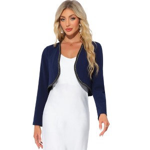 Allegra K Women's Long Sleeve Cropped Contrast Trim Bolero Casual Work Cardigan - 1 of 4