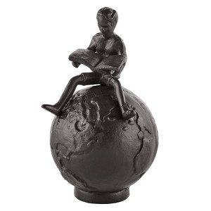 Danya B Brown Cast Iron Boy Reading on Globe Sculpture - Tabletop Desk Ornament or Decorative Paperweight - 1 of 4