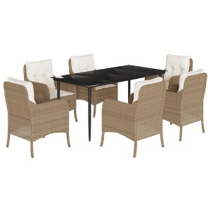 vidaXL 7 Piece Patio Dining Set - Beige Poly Rattan/Tempered Glass Tabletop/Cushioned Seats/Outdoor Garden & Backyard Furniture - 1 of 4