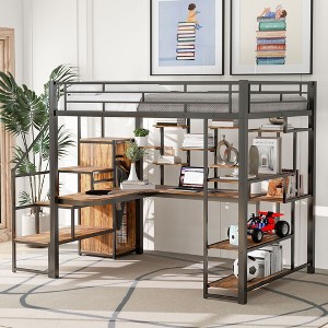 TiramisuBest Full Size Metal Loft Bed with Storage Staircase and Small Wardrobe, Built-in Desk and Storage Shelves - 1 of 4