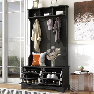 Hall Tree Entryway Bench With Coat Rack, Accent Shoe Cabinet with 2 Flip Drawer, Mudroom Coat Storage Organizer for Hallway Living Room Bedroom