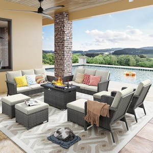 Patio Furniture Set 9 Peices with 44" Propane Gas Fire Pit Table, Outdoor Sectional Furniture Conversation Sofa Set with Cushion for Porch Backyard - 1 of 4