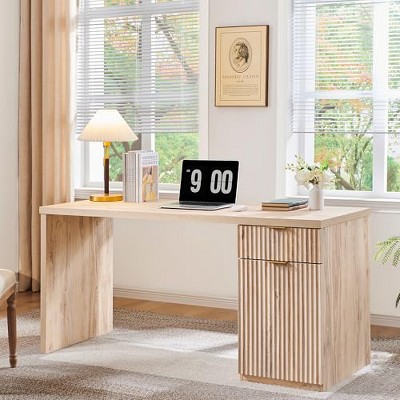 TAJSOON 60" Modern Executive Desk with Storage, Natural Oak
