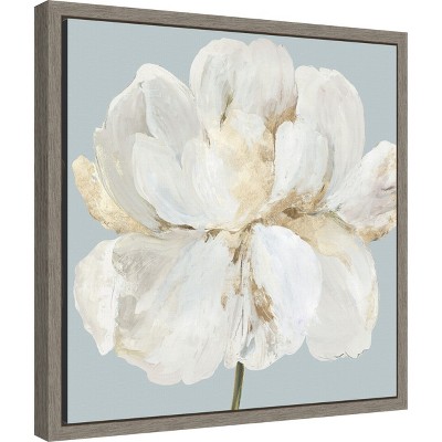 White Peony Flower Canvas Print with Gray Frame