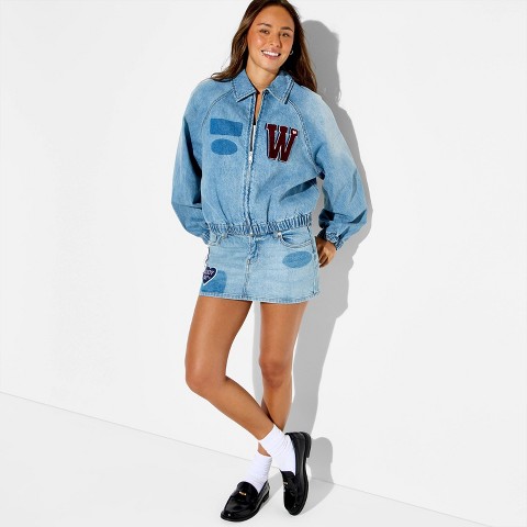 Женские куртки Wild Fable Women's Denim Patchwork Varsity Jacket - Wild Fable™ Medium Wash XXS