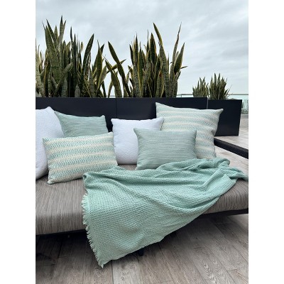 Aqua and White Woven Square Indoor Outdoor Pillow